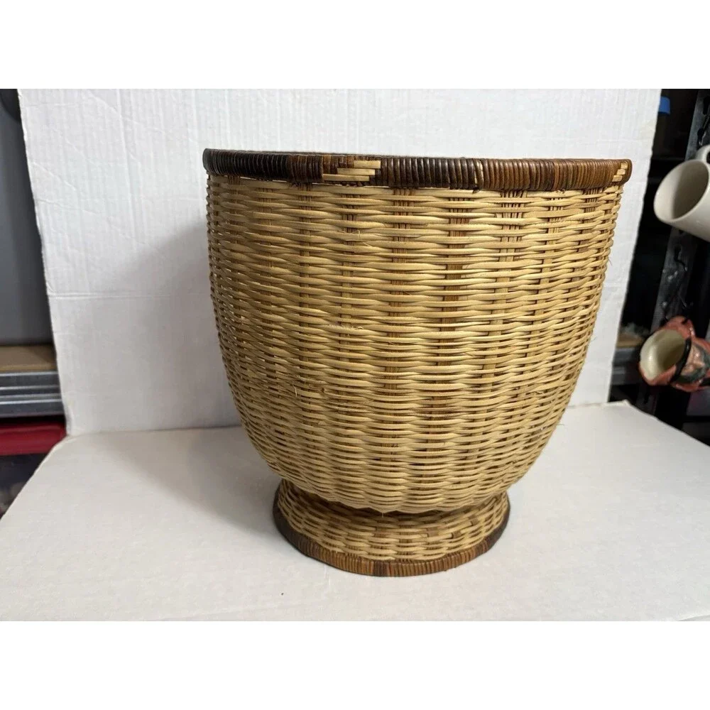 Vintage Pedestal Wicker Basket Planter Waste Basket Boho Rattan 11” Round